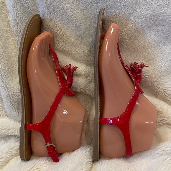 Tommy Hilfiger Red Flat T-Strap Toe-Post Sandals with Tassels Size 7.5 VGC - Picture 5 of 10
